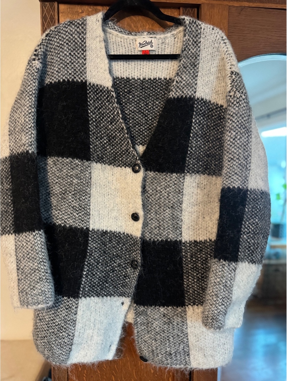 Woolrich Black & White Buffalo Check / Plaid Knit Cardigan Sweater Size Large
